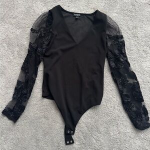 Express Sheer Lace Sleeve Black Bodysuit